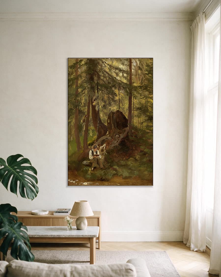 Lezende jongen in het bos in een aluminium frame aan dezelfde muur