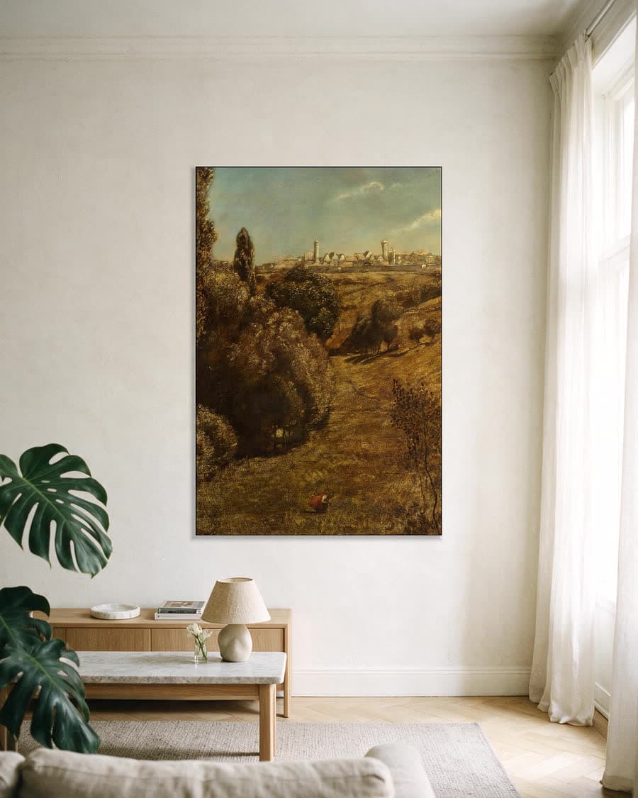 Stadsgezicht vanuit de heuvels in een aluminium frame aan dezelfde muur