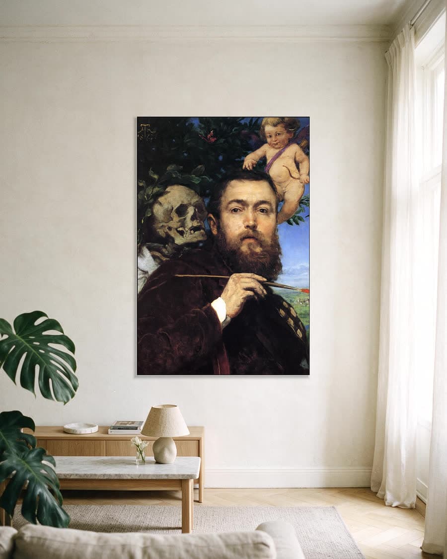 Zelfportret met Amor en de Dood in een aluminium frame aan dezelfde muur