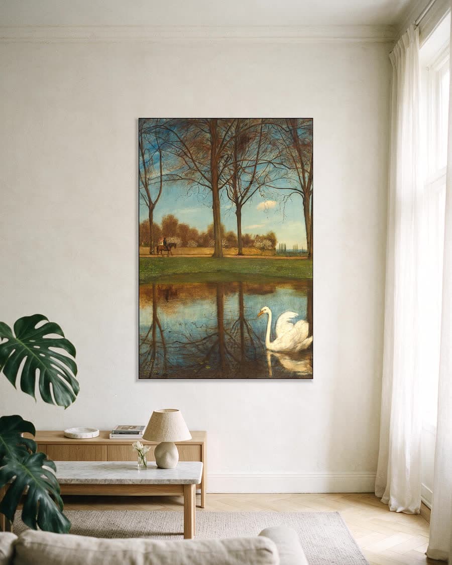 Zwaan in de vijver in een aluminium frame aan dezelfde muur