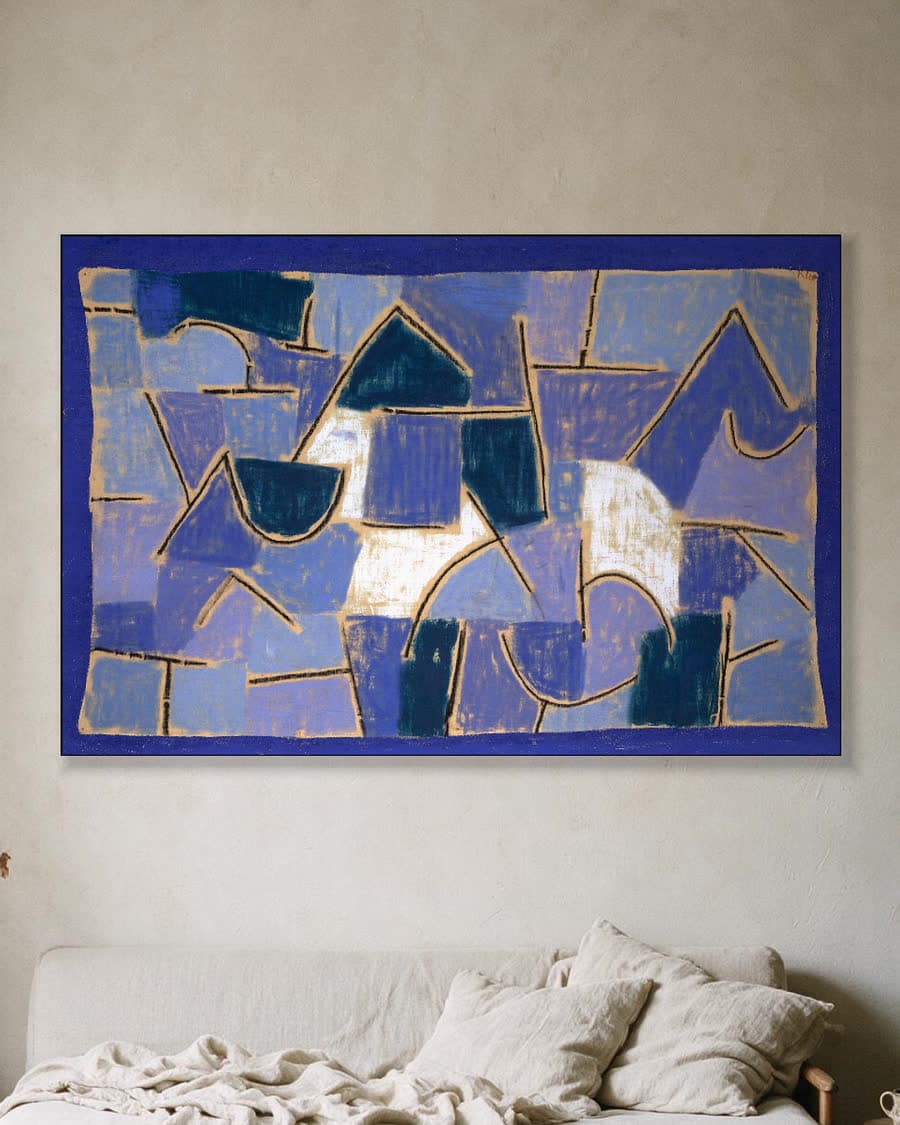 Harmonie in Blauw in een aluminium frame aan dezelfde muur