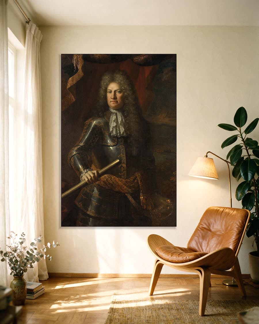 Portret van luitenant-generaal Godard van Reede, heer van Amerongen in een aluminium frame aan dezelfde muur