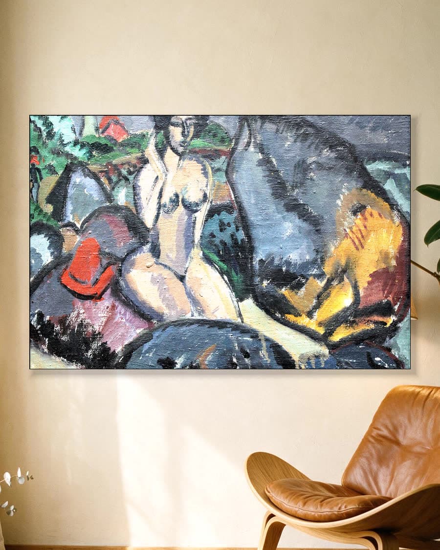 Badende tussen de rotsen in een aluminium frame aan dezelfde muur