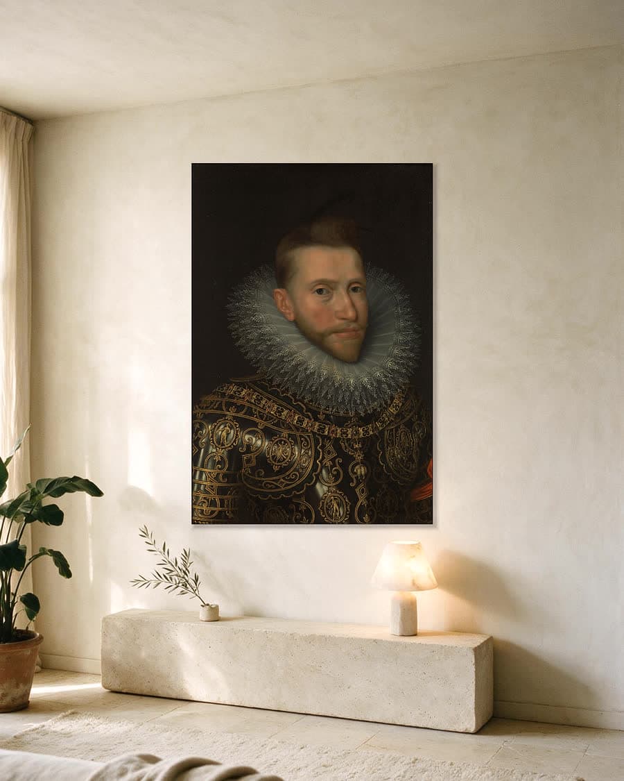 Portret van Albrecht van Oostenrijk (1559-1621), aartshertog in een aluminium frame aan dezelfde muur