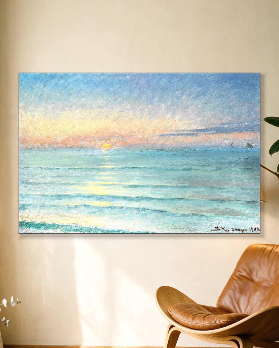 Zonsondergang op het noordstrand van Skagen in een aluminium frame aan dezelfde muur