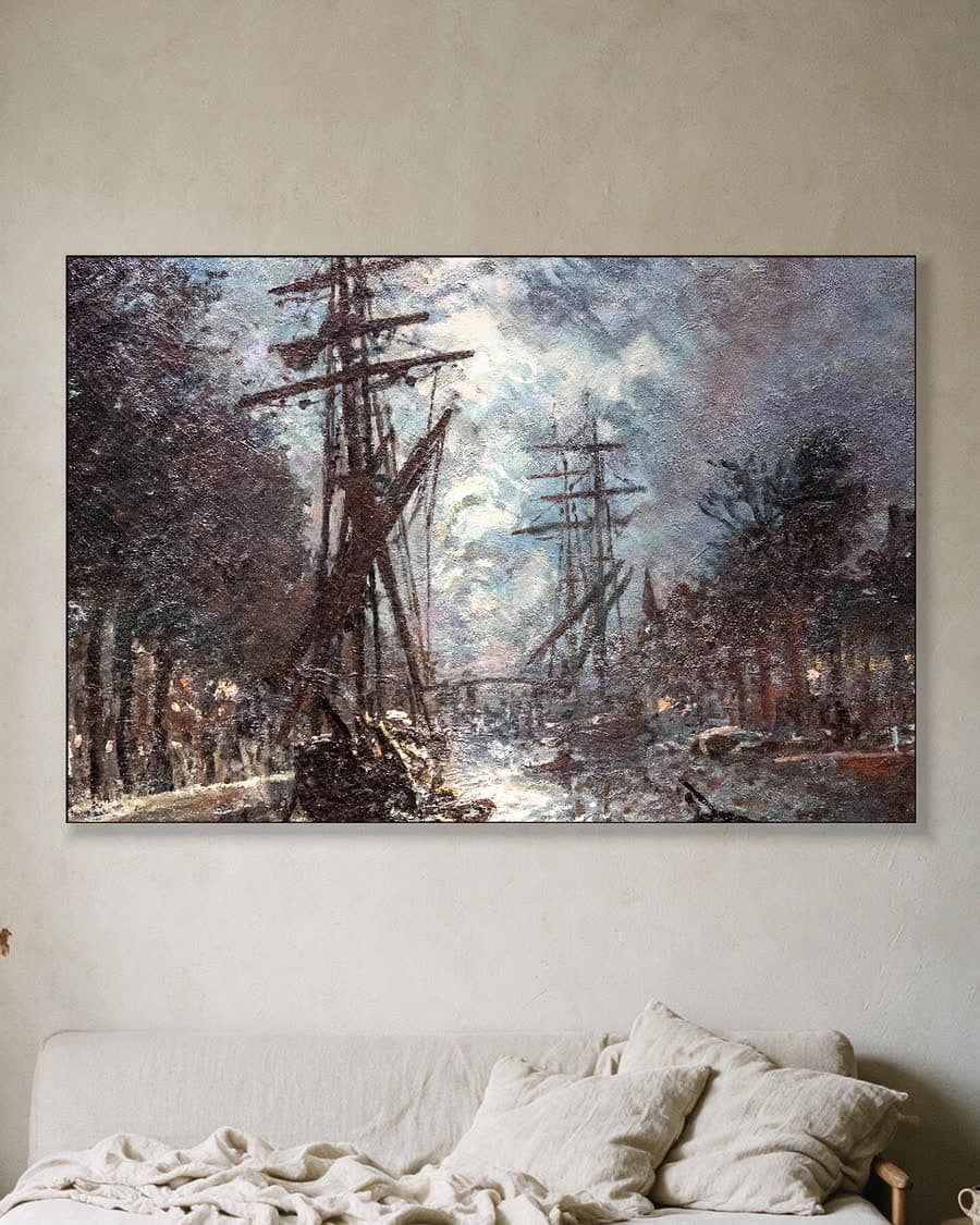 Maanlicht boven de gracht in een aluminium frame aan dezelfde muur
