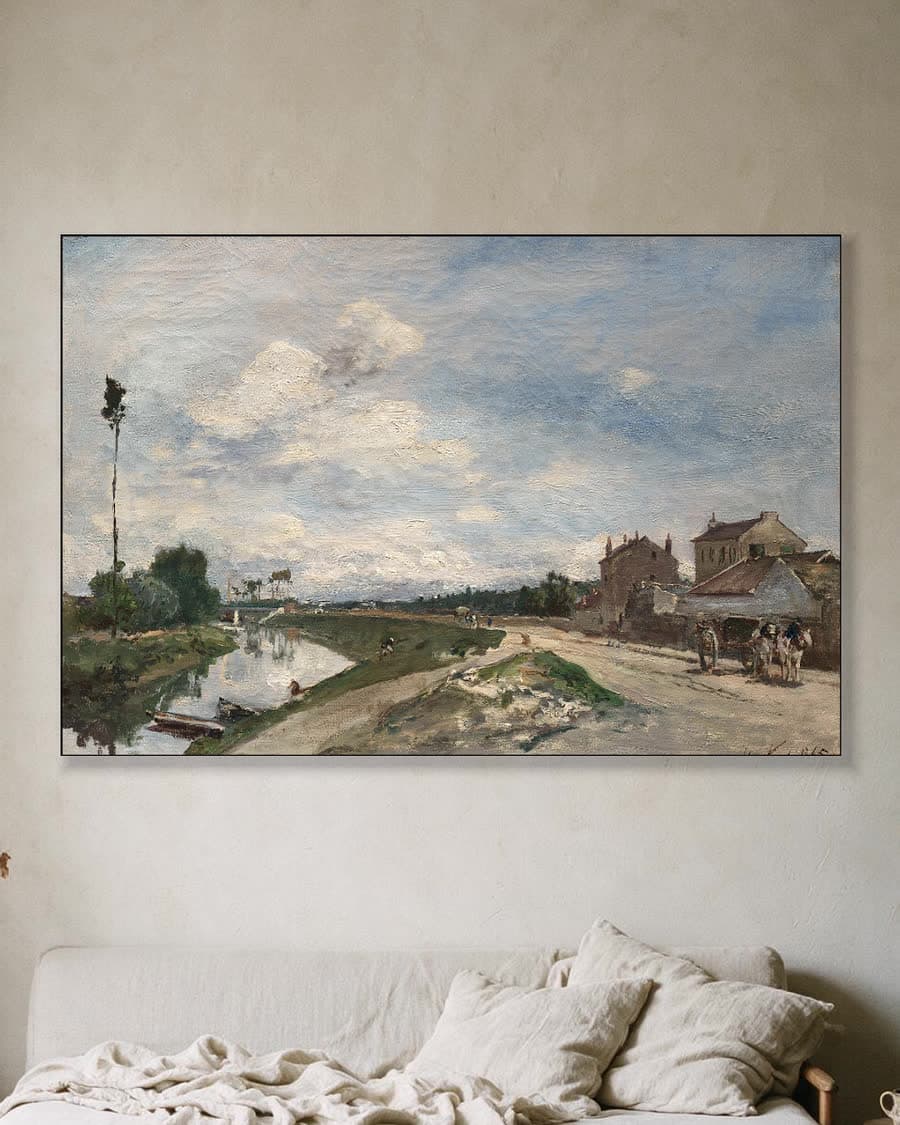 Dorpsgezicht aan het water in een aluminium frame aan dezelfde muur