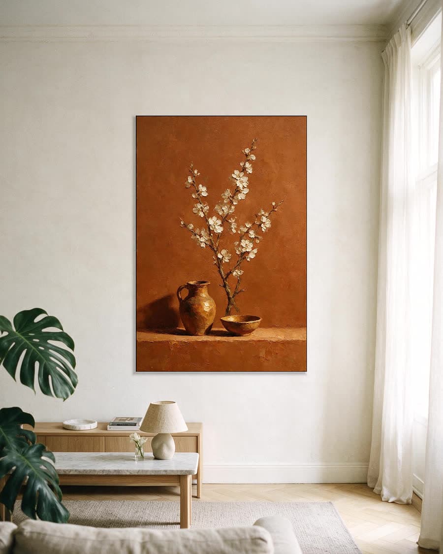 Bloesemtak in een kruik in een aluminium frame aan dezelfde muur