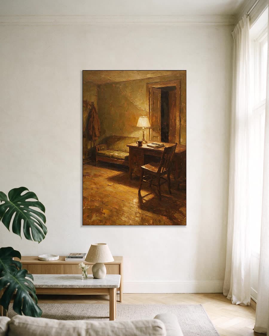 Bureau met een lamp aan in een aluminium frame aan dezelfde muur