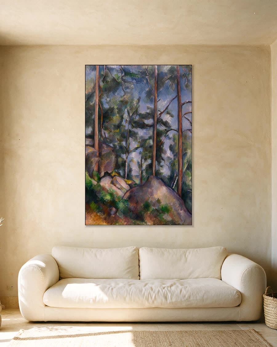 Dennen en rotsen bij Fontainebleau in een aluminium frame aan dezelfde muur