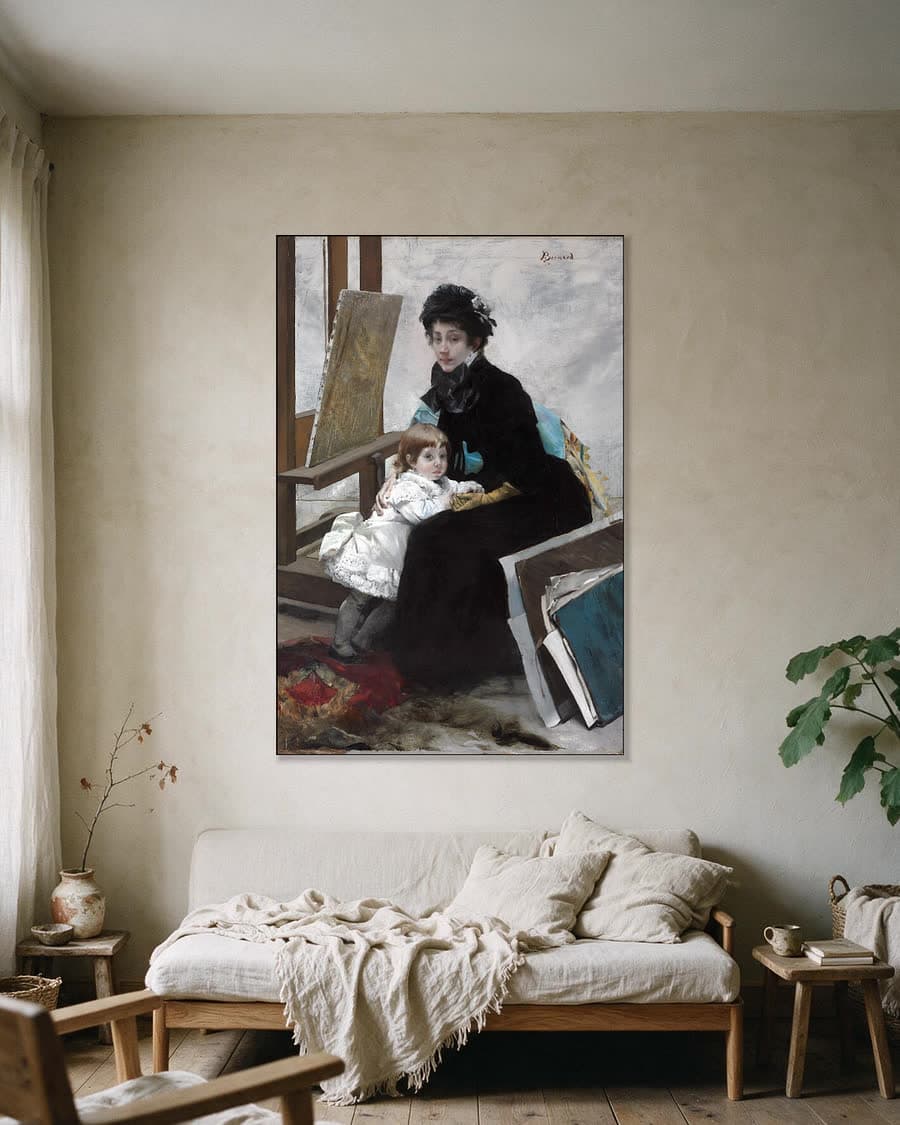 Madeleine Lerolle en haar dochter Yvonne in een aluminium frame aan dezelfde muur