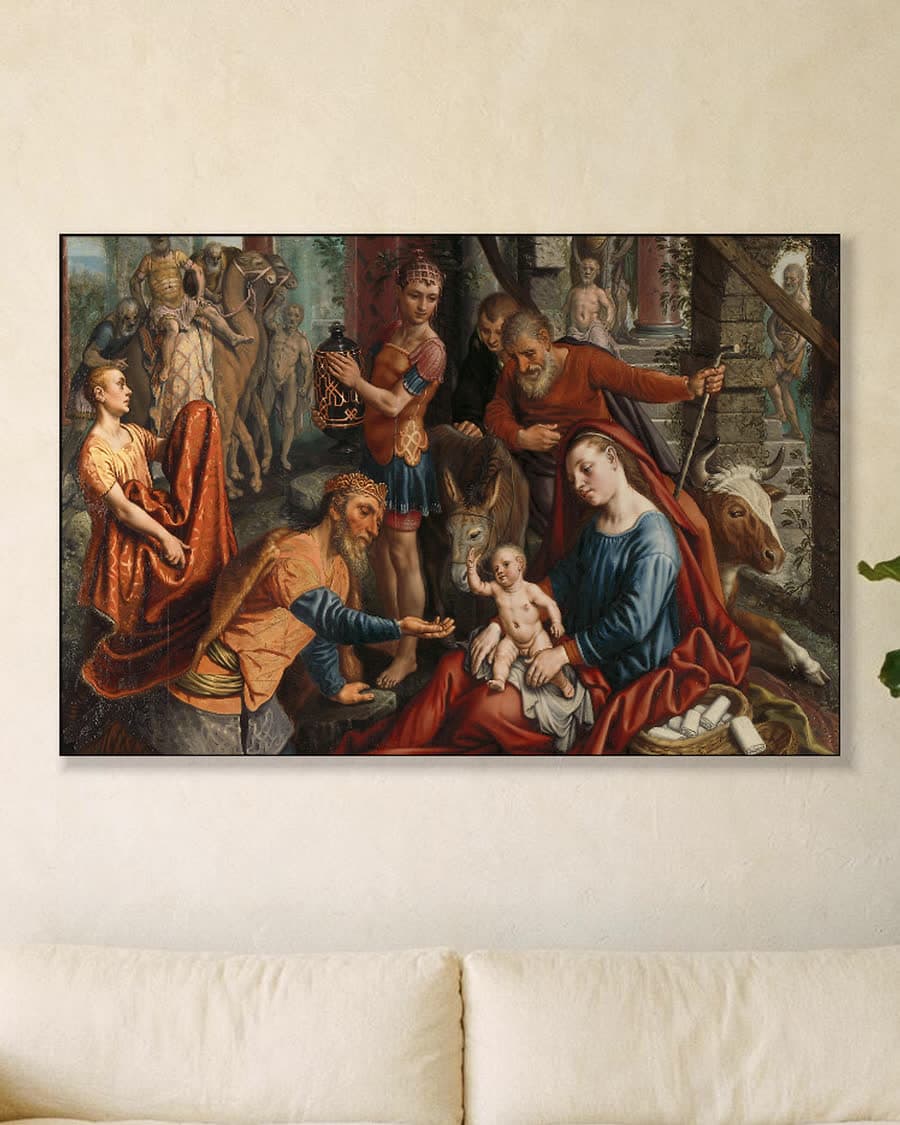 De aanbidding der koningen in een aluminium frame aan dezelfde muur