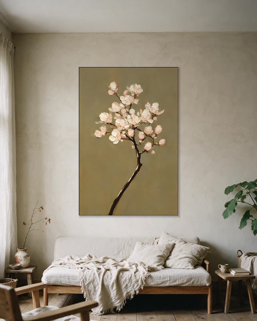 Magnoliatak tegen grijsblauw in een aluminium frame aan dezelfde muur