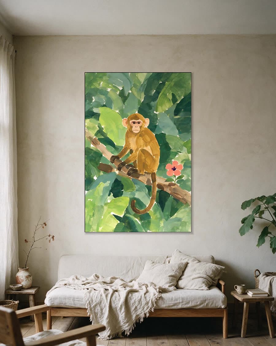 Aapje op een tak in een aluminium frame aan dezelfde muur