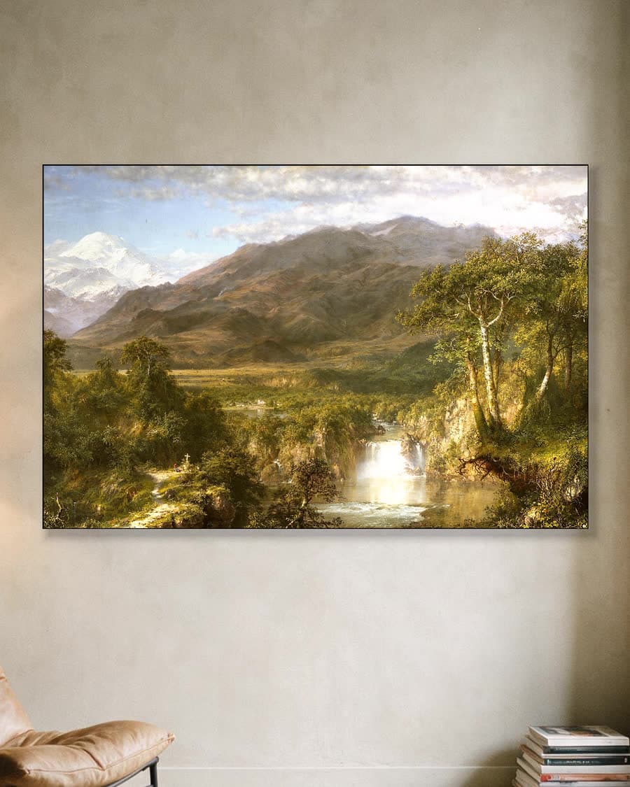 The Heart of the Andes (1859) in een aluminium frame aan dezelfde muur
