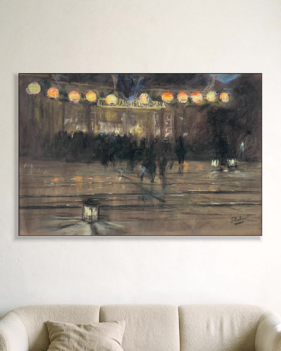 Avond op de Dam in een aluminium frame aan dezelfde muur