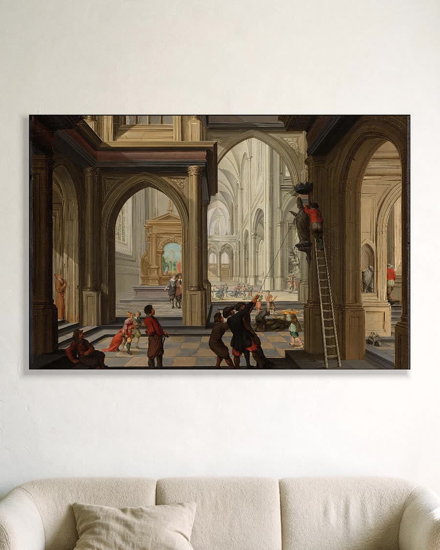 Beeldenstorm in een kerk in een aluminium frame aan dezelfde muur