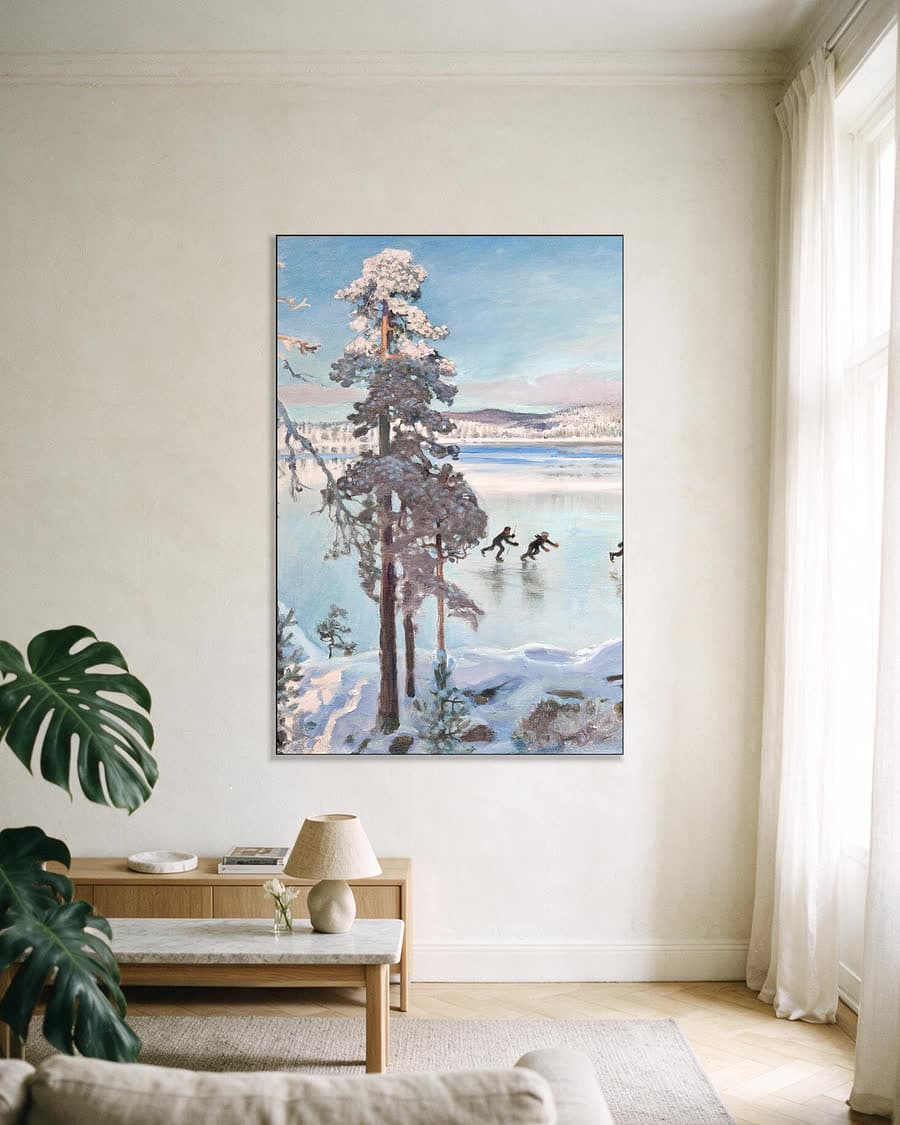 Schaatsers bij de oever van Kalela in een aluminium frame aan dezelfde muur