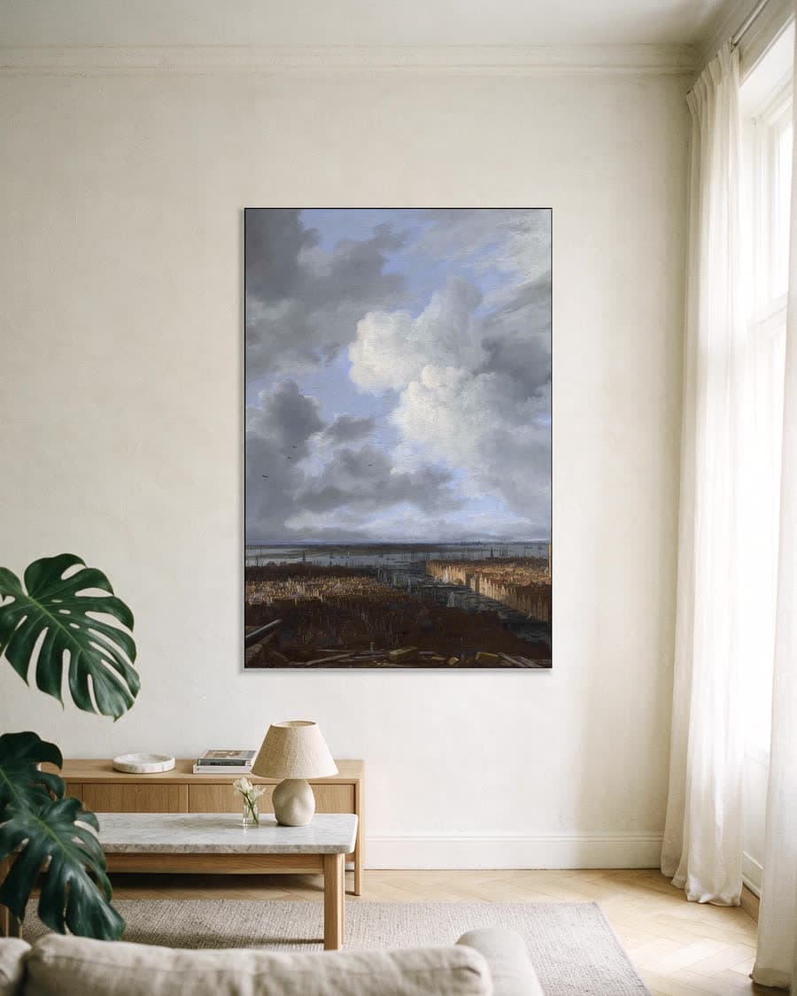 Gezicht op Amsterdam in een aluminium frame aan dezelfde muur
