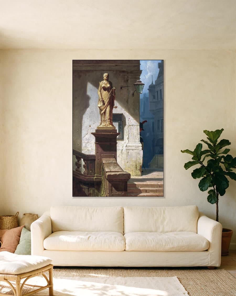 Vrouwe Justitia in de stad in een aluminium frame aan dezelfde muur