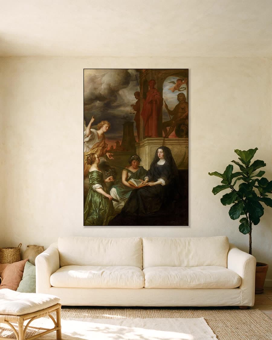 Allegorie op de nagedachtenis van stadhouder Frederik Hendrik, met portret van Amalia van Solms in een aluminium frame aan dezelfde muur