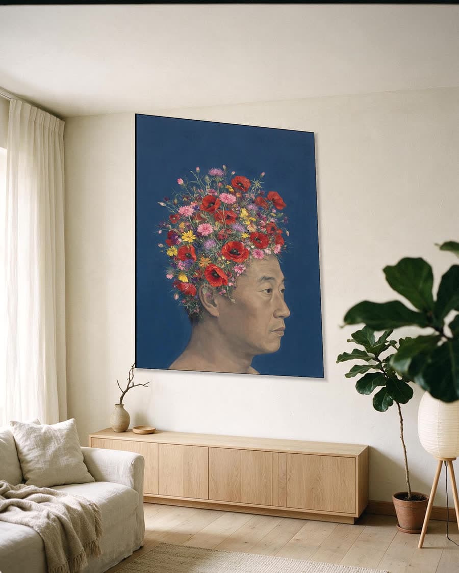 Man in profiel met klaprozen in een aluminium frame aan dezelfde muur