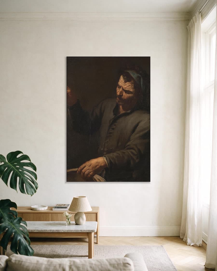 Man met urinaal in de hand in een aluminium frame aan dezelfde muur