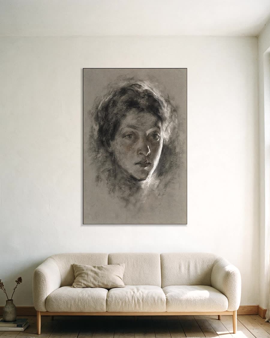 Kop in tegenlicht in een aluminium frame aan dezelfde muur