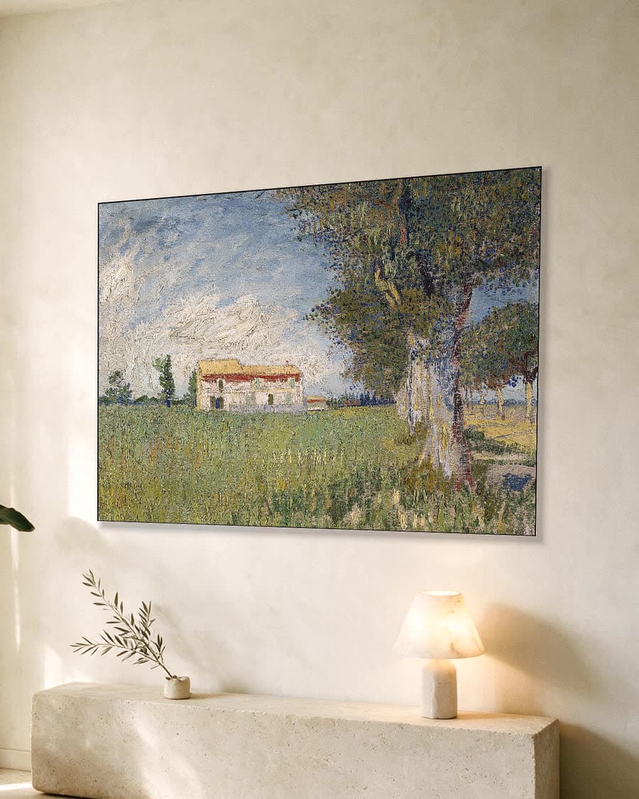Boerderij in een korenveld in een aluminium frame aan dezelfde muur