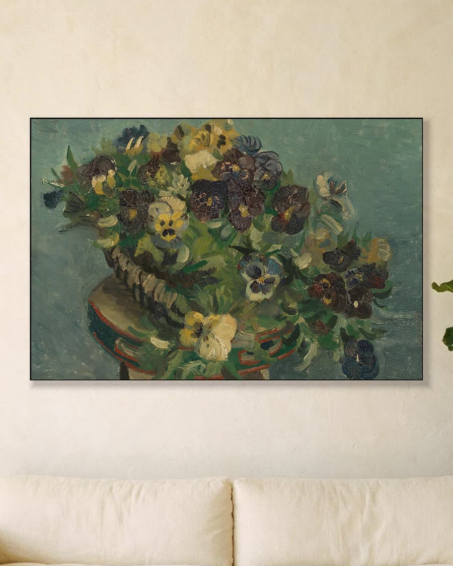 Mand met viooltjes in een aluminium frame aan dezelfde muur