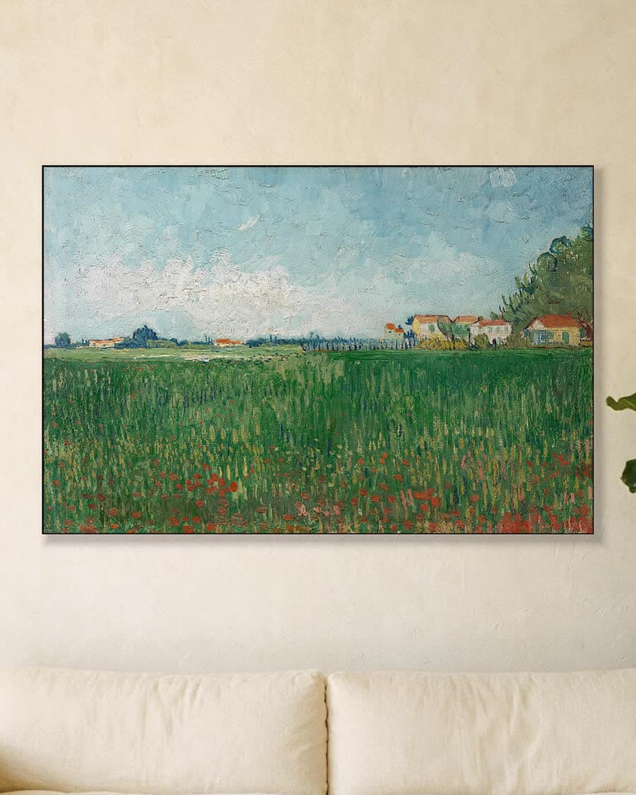 Veld met klaprozen in een aluminium frame aan dezelfde muur