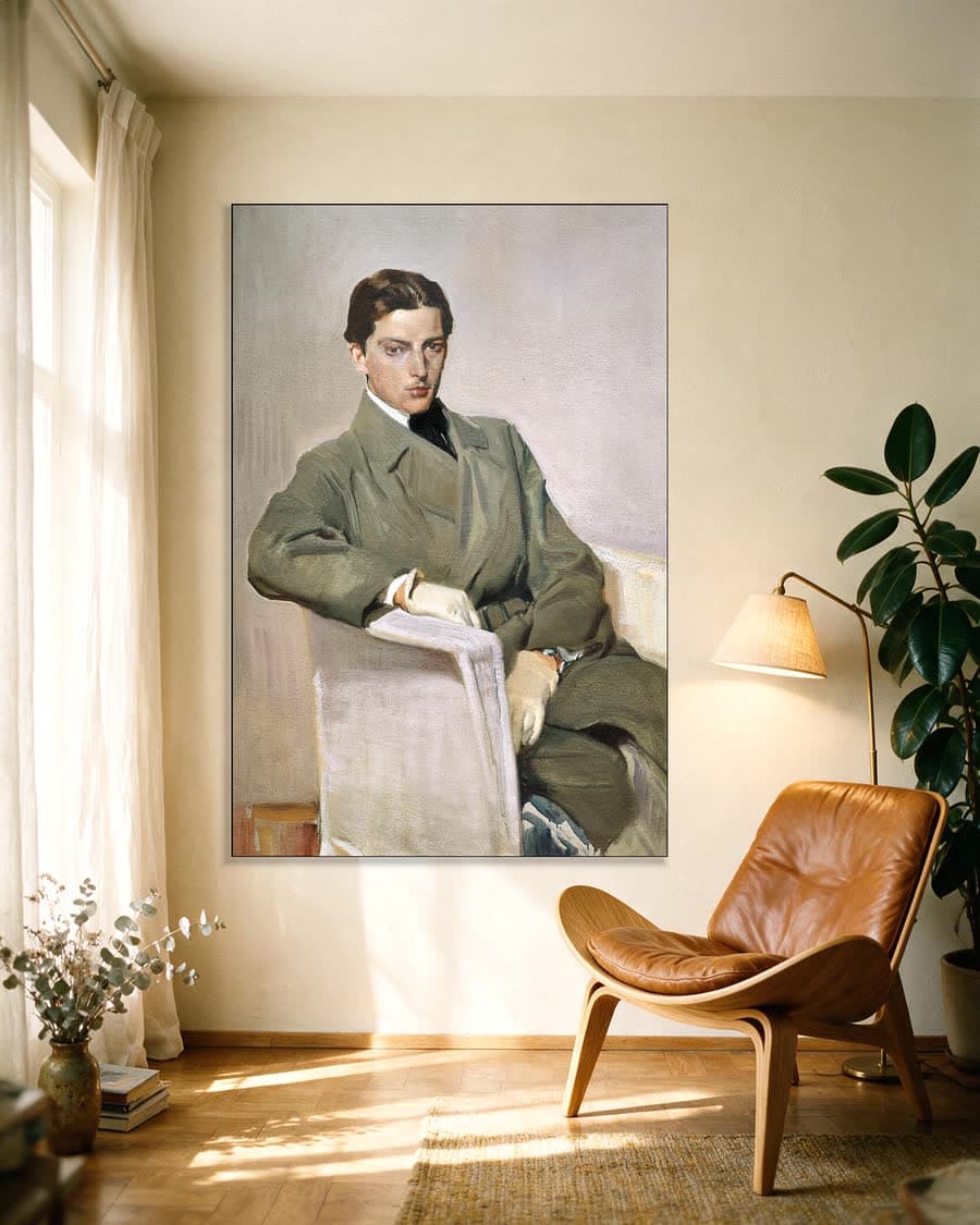 Portret van een jongeman in een aluminium frame aan dezelfde muur