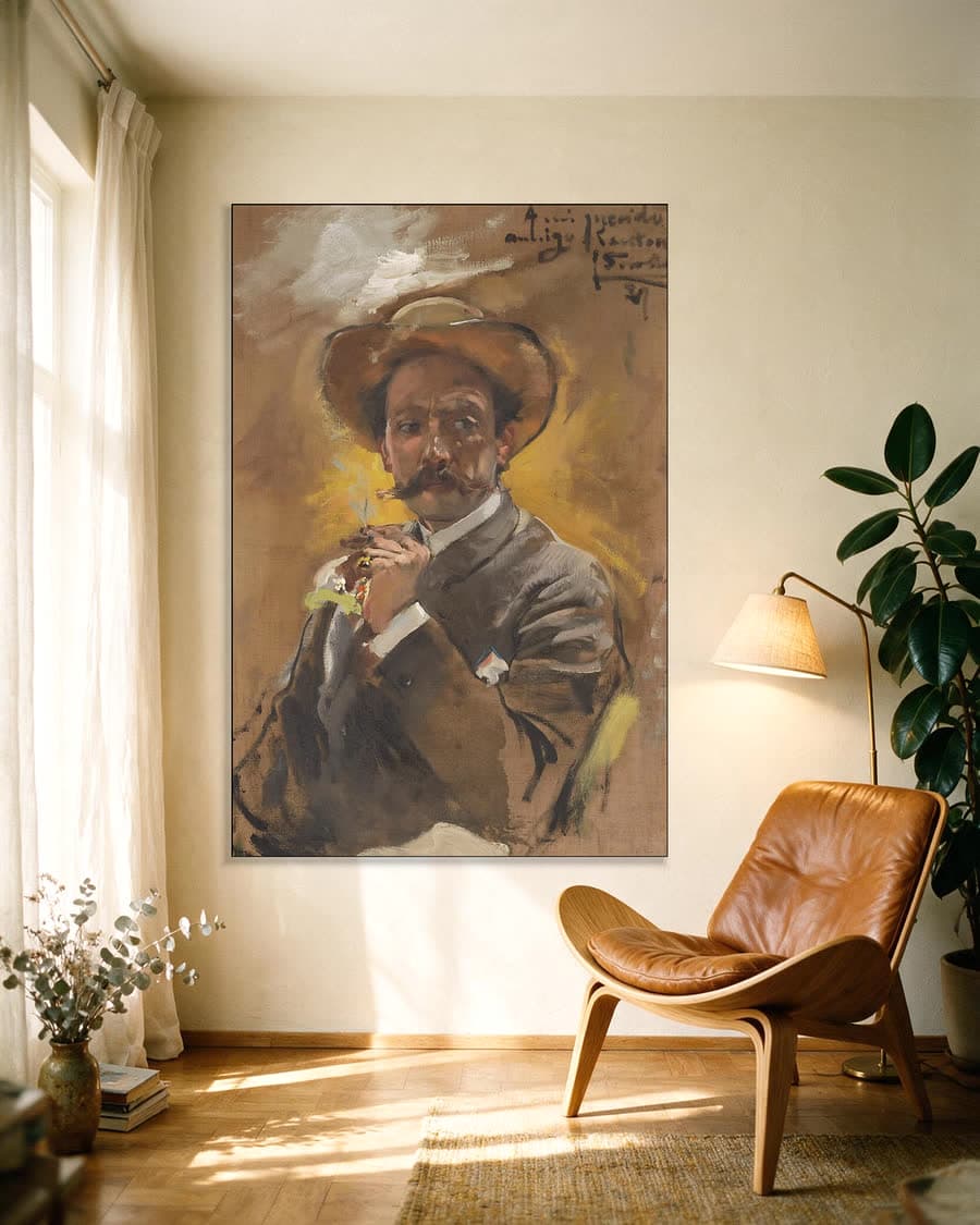 Portret van de schilder Francesco Santoro in een aluminium frame aan dezelfde muur