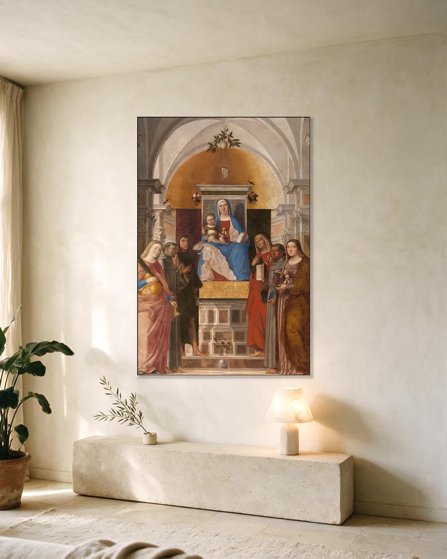 Maria met het kind en heiligen in een aluminium frame aan dezelfde muur