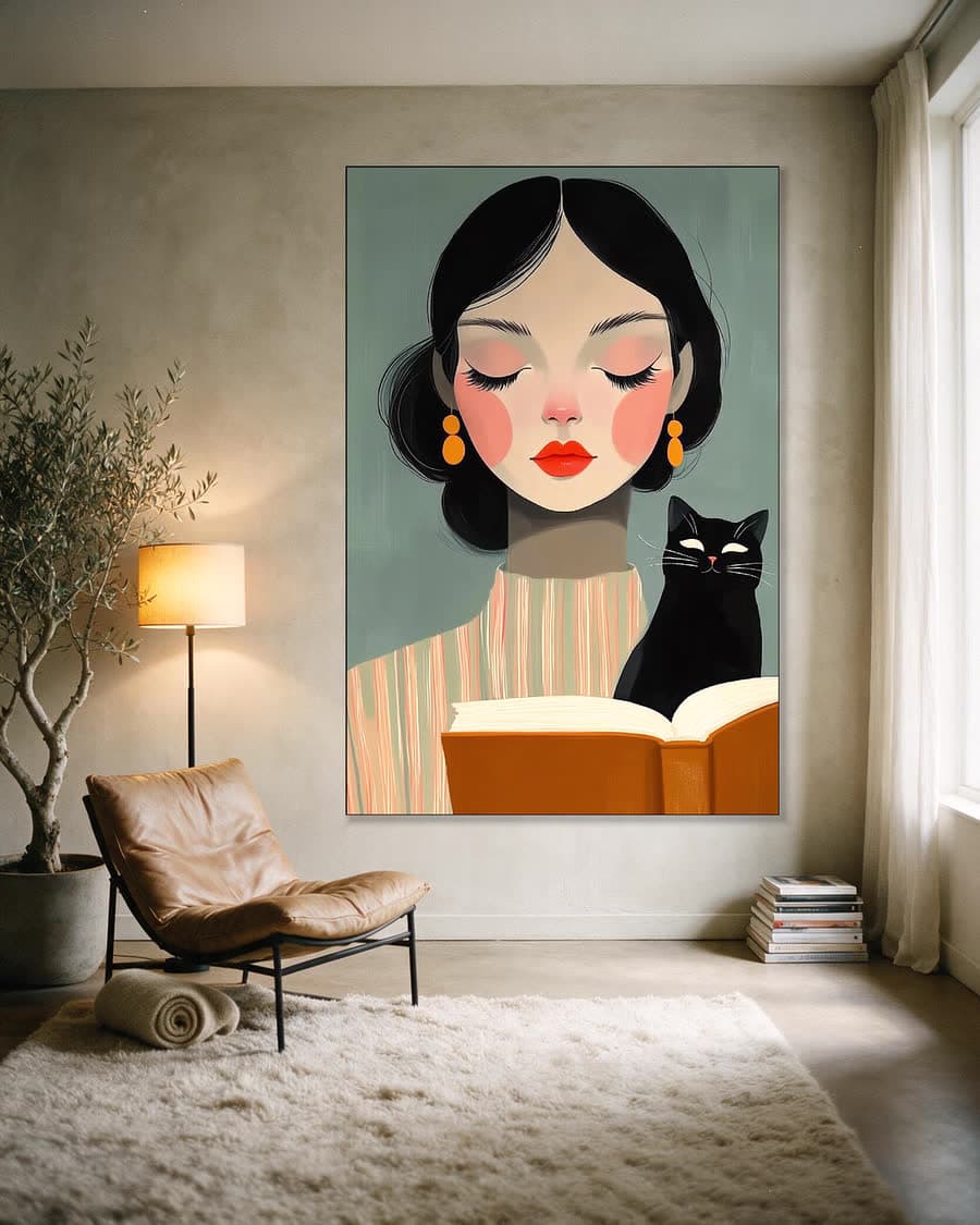 De lezeres en de kat in een aluminium frame aan dezelfde muur