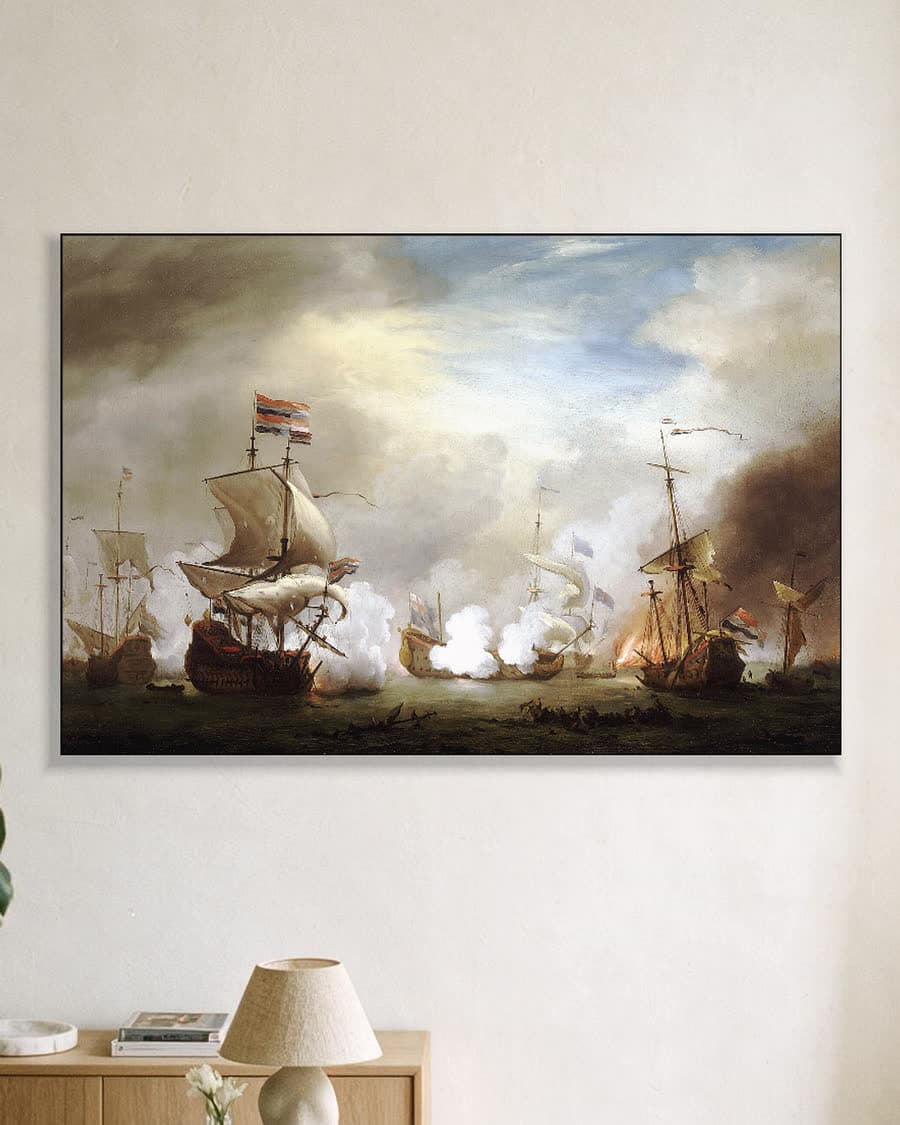 De zeeslag bij Texel in een aluminium frame aan dezelfde muur