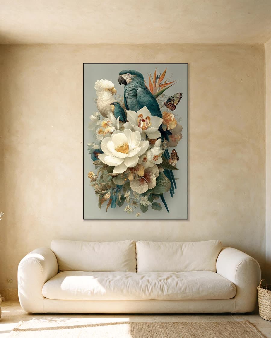 Ara tussen orchideeen in een aluminium frame aan dezelfde muur