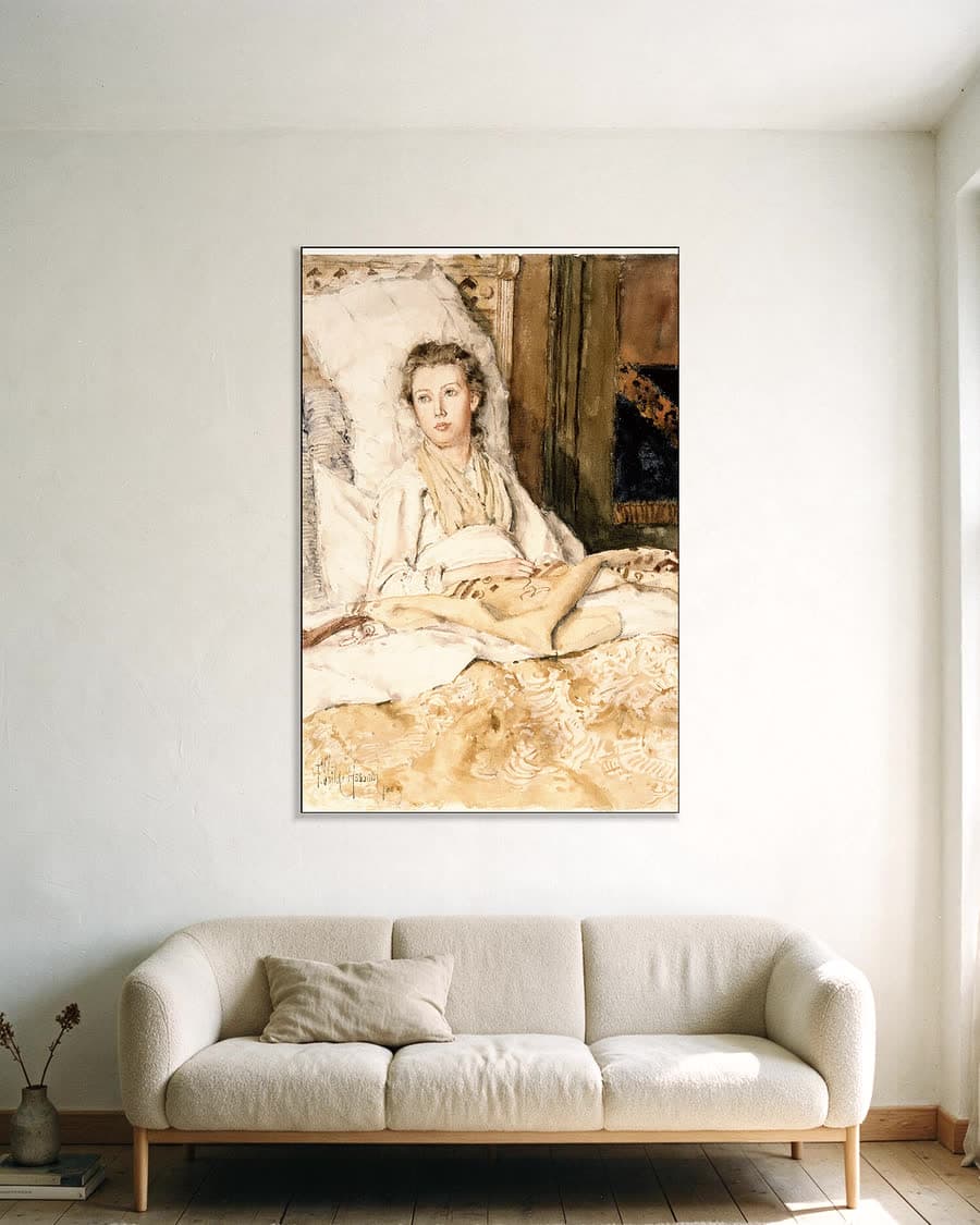 Maud aan het naaien in een aluminium frame aan dezelfde muur
