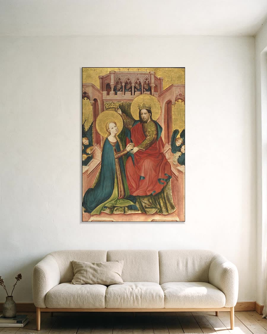 De kroning van Maria in een aluminium frame aan dezelfde muur