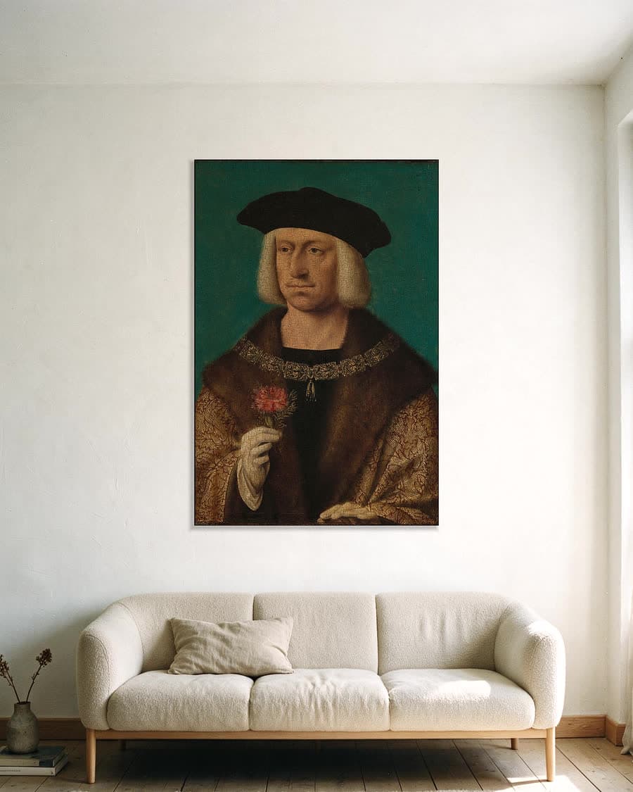 Maximiliaan I (1459-1519), keizer van het Heilige Roomse Rijk in een aluminium frame aan dezelfde muur