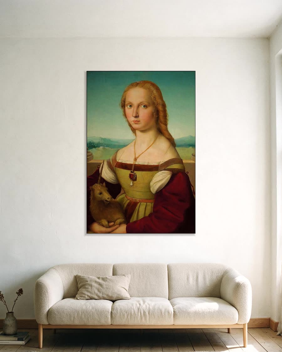 Dame met eenhoorn in een aluminium frame aan dezelfde muur