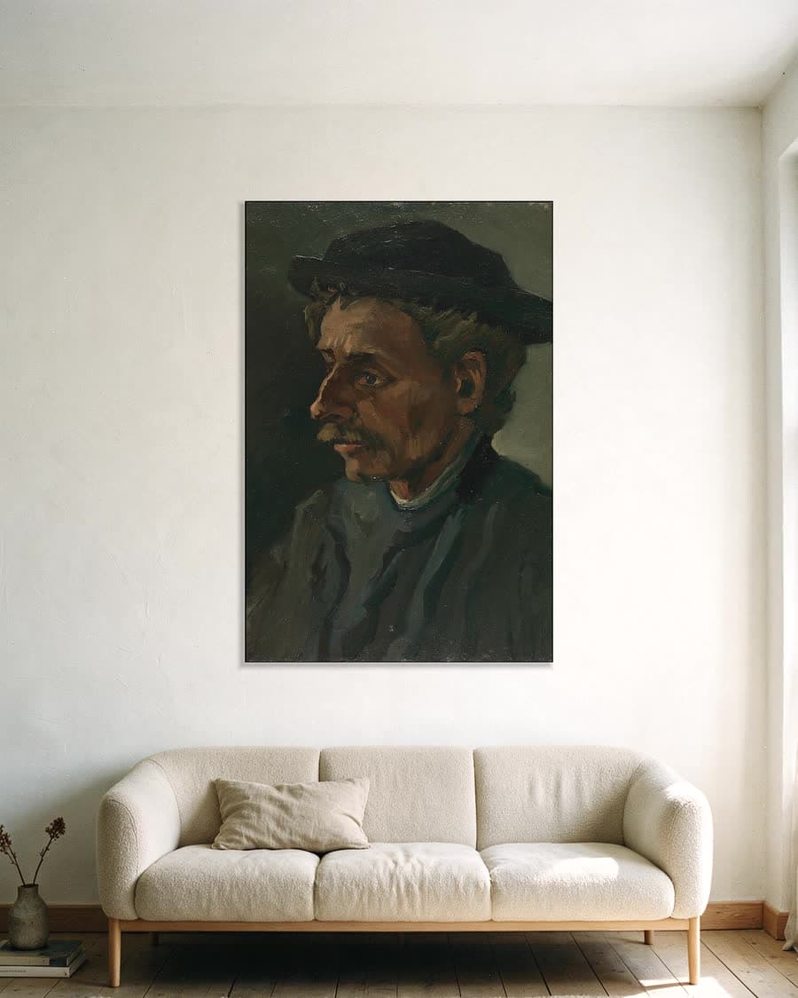 Kop van een man in een aluminium frame aan dezelfde muur
