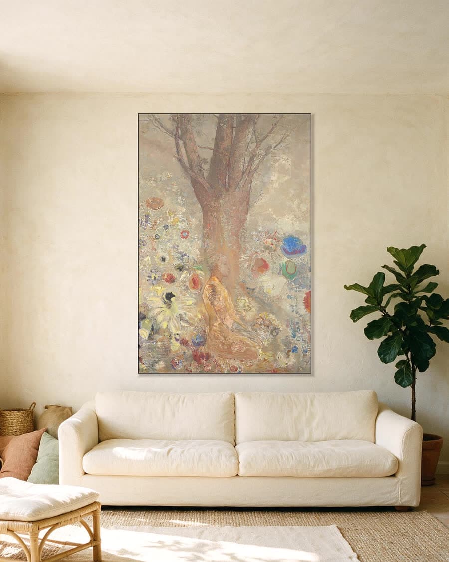 De Boeddha in een aluminium frame aan dezelfde muur