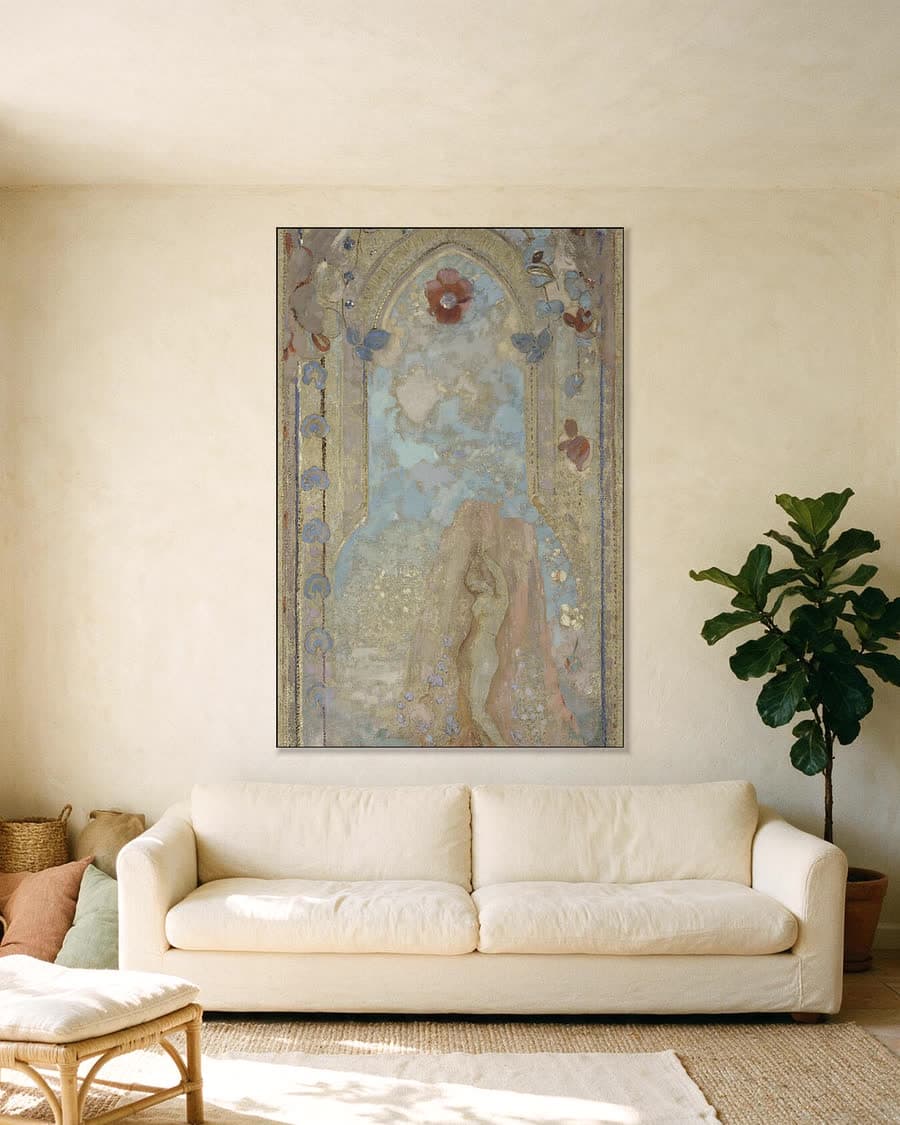 De Nymf in de Bloemenboog in een aluminium frame aan dezelfde muur