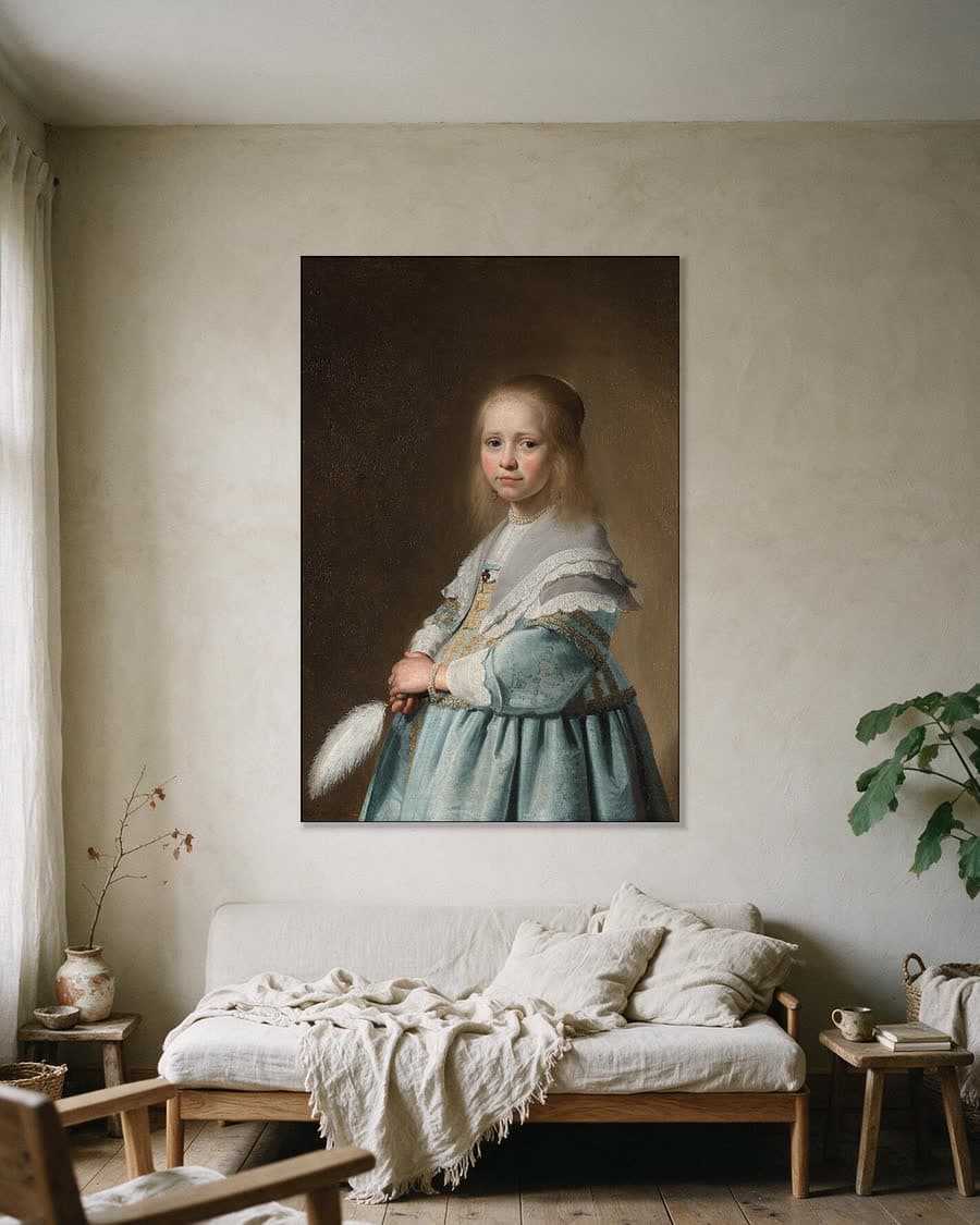 Meisje in het blauw in een aluminium frame aan dezelfde muur