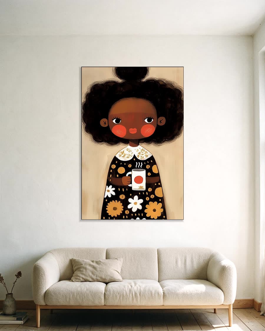 Meisje met bloemenjurk in een aluminium frame aan dezelfde muur