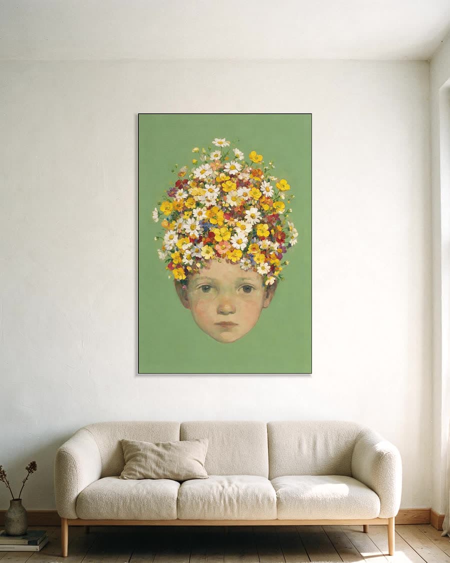 Kind met madelieven in een aluminium frame aan dezelfde muur