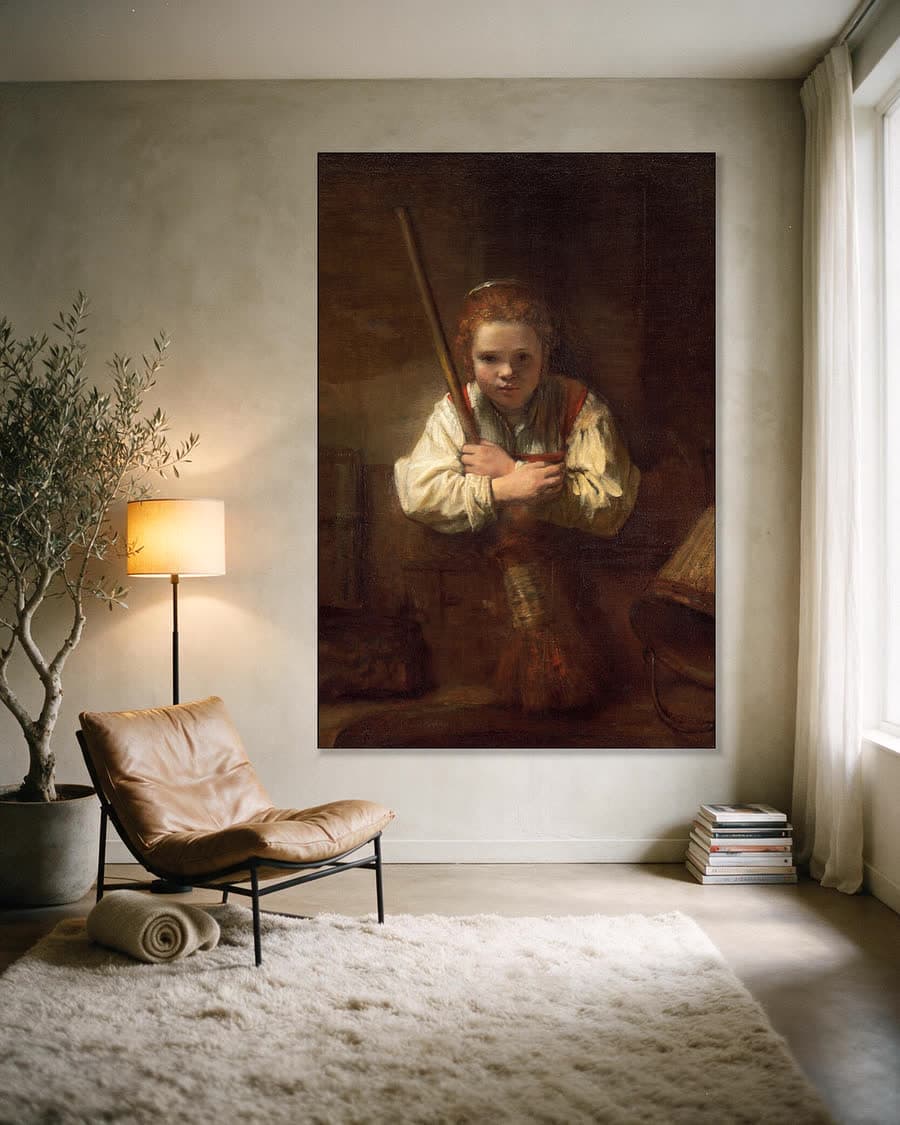 Meisje met een Bezem in een aluminium frame aan dezelfde muur