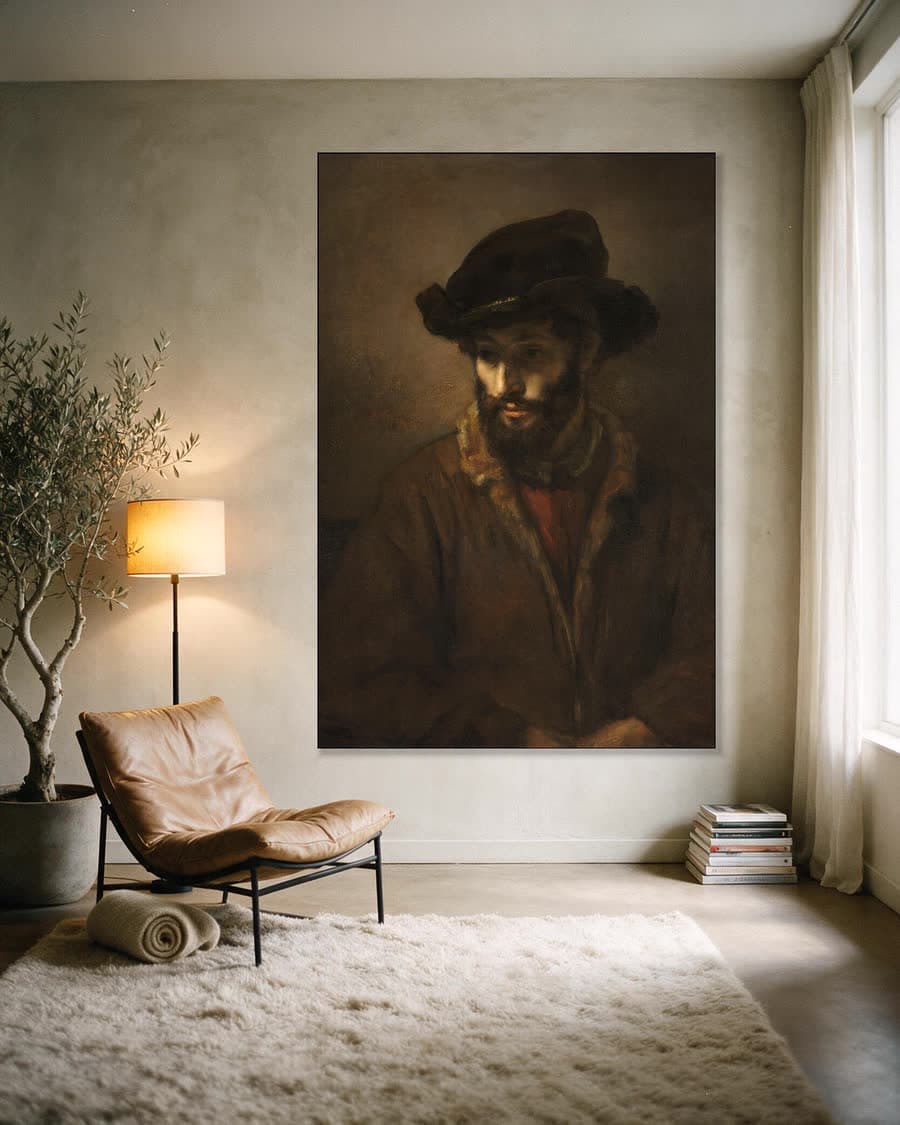 Een man met baard en hoed in een aluminium frame aan dezelfde muur