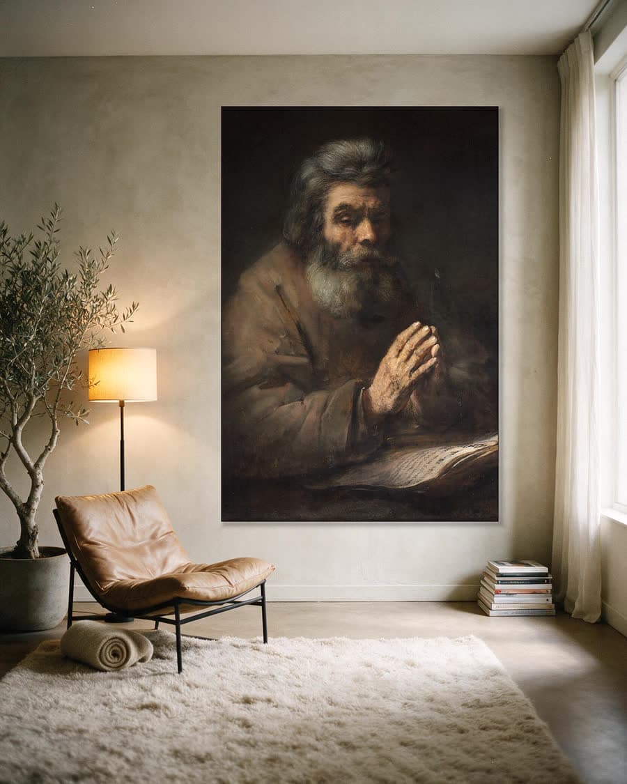 Een oude man in gebed in een aluminium frame aan dezelfde muur